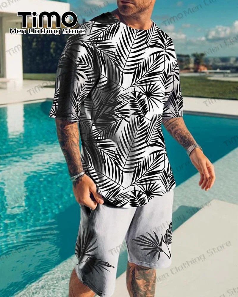 2023 New Men's Printed T-shirt Set Street Fashion Trend Casual Clothing Loose Oversized T-shirt+Shorts Set Men's 2-Piece Set