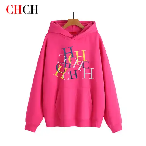 CHCH Warm Oversize Printing Women Sweatshirt 2023 Autumn Winter Casual Fleece Loose Hoodies Soft Comfortable Letter Style Hooded