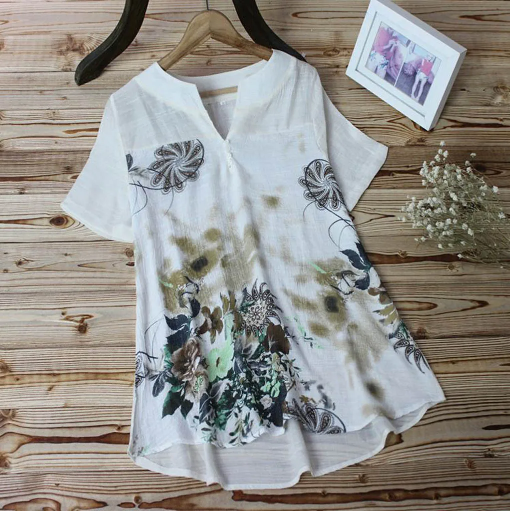 

Women Vintage V-Neck Floral Printing Patch Short Sleeves Top T-Shirt Blouse