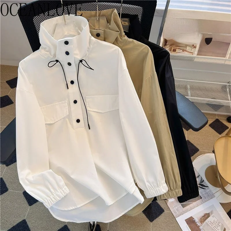 

Блузка женская с воротником-стойкой, свободная винтажная Повседневная рубашка-карго в японском стиле, на пуговицах, весна-осень