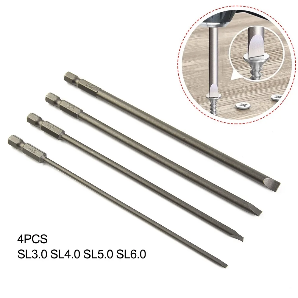 

4 Pcs 150mm Slotted Screwdriver Bit 3mm-6mm Magnetic Flat Head 1/4" Hex Shank Alloy Steel SL3.0, SL4.0, SL5.0, SL6.0 Hand Tools