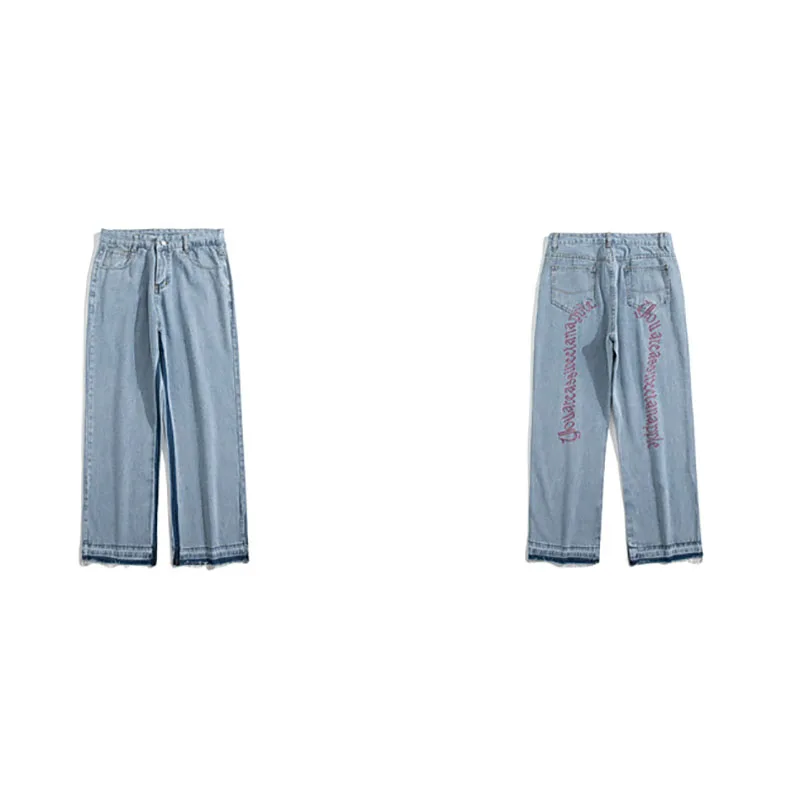 2022 Men Light Blue Jeans Long Medium Waist Straight Pants Letter Embroidery Casual Street Denim Trousers Spring Summer M-3XL