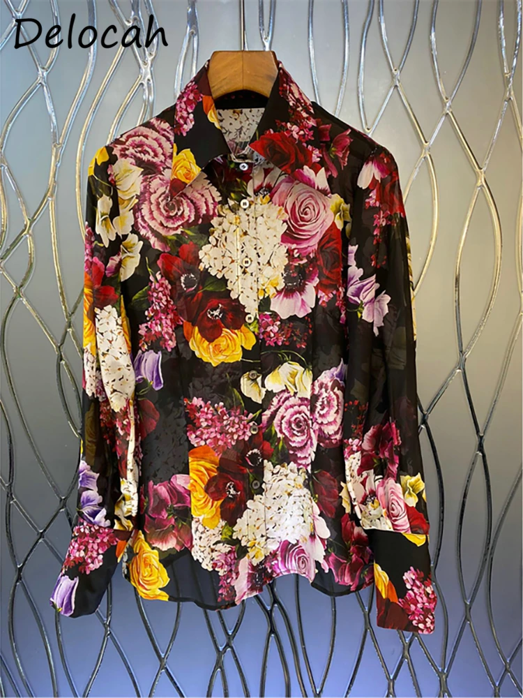 Delocah High Quality Autumn Women Fashion Designer Shirts Long Lantern Sleeve Single Breasted Floral Printed Real Silk Blouses