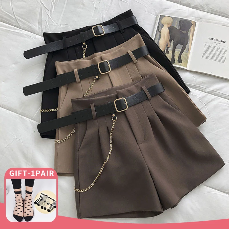 

Summer Women's Shorts Solid Color Thin Straight Suit Shorts Fashion Women Clothing Pocket High Waist Shorts+Belt+Sock Korean
