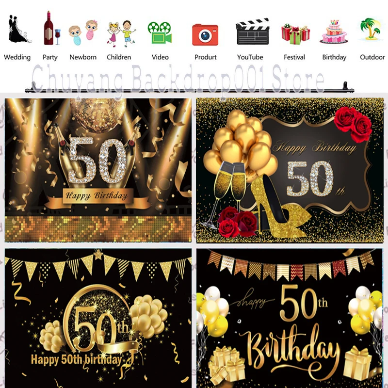 50th Backdrop Black Glod Adult Happy Birthday Party Customize Curtain Photography Background For Photo Studio