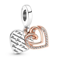 authentic 925 sterling silver entwined hearts double dangle with crystal charm bead fit pandora bracelet necklace jewelry