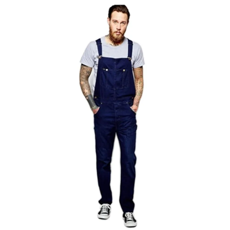 Мужской темно-синий комбинезон с завышенной талией узкий джинсовый карманами