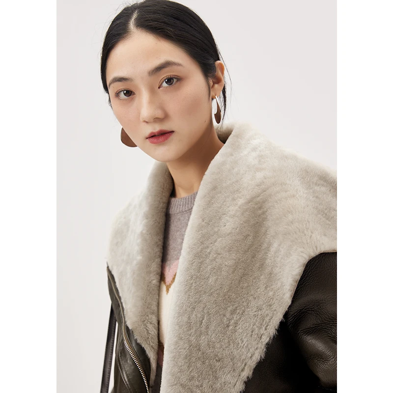 New Shearling Genuine Leather Jacket Zipper Casaco Feminino  High Street  Autumn/Winter Warm Turn-down Collar  Leather Jacket