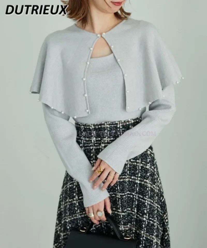 

Exquisite Nail Pearl Shawl + Rib Woolen Bottoming Sweater Long Sleeve Solid Color Slim Fit Knitted Pullover Two-Piece Set