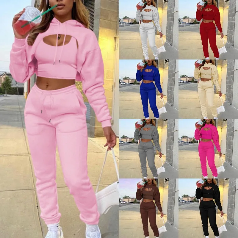 

Autumn Fleece Pink Three Piece Sets Tracksuit Women Outfits Sweatsuits Sexy Long Sleeve Hoodies Crop Top And Pants Sets Suit