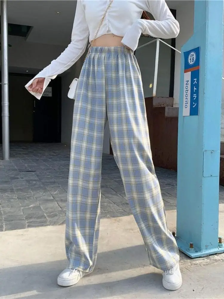 Брюки женские тонкие в клетку повседневные свободные штаны с широкими штанинами