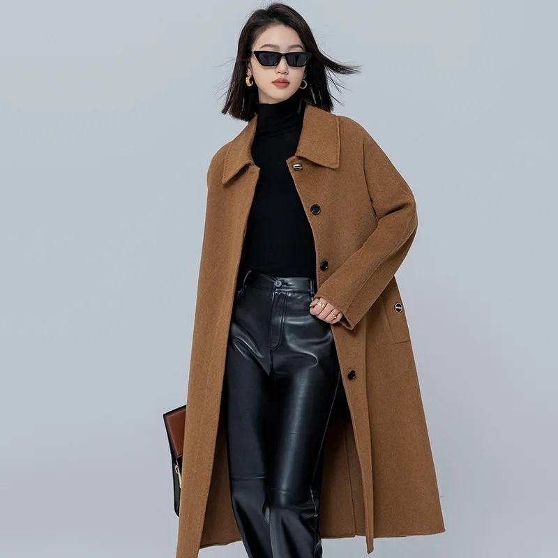 

Autumn and Winter New Double sided Woolen Long Wool Coat Women's Handmade Camel Fur Coat
