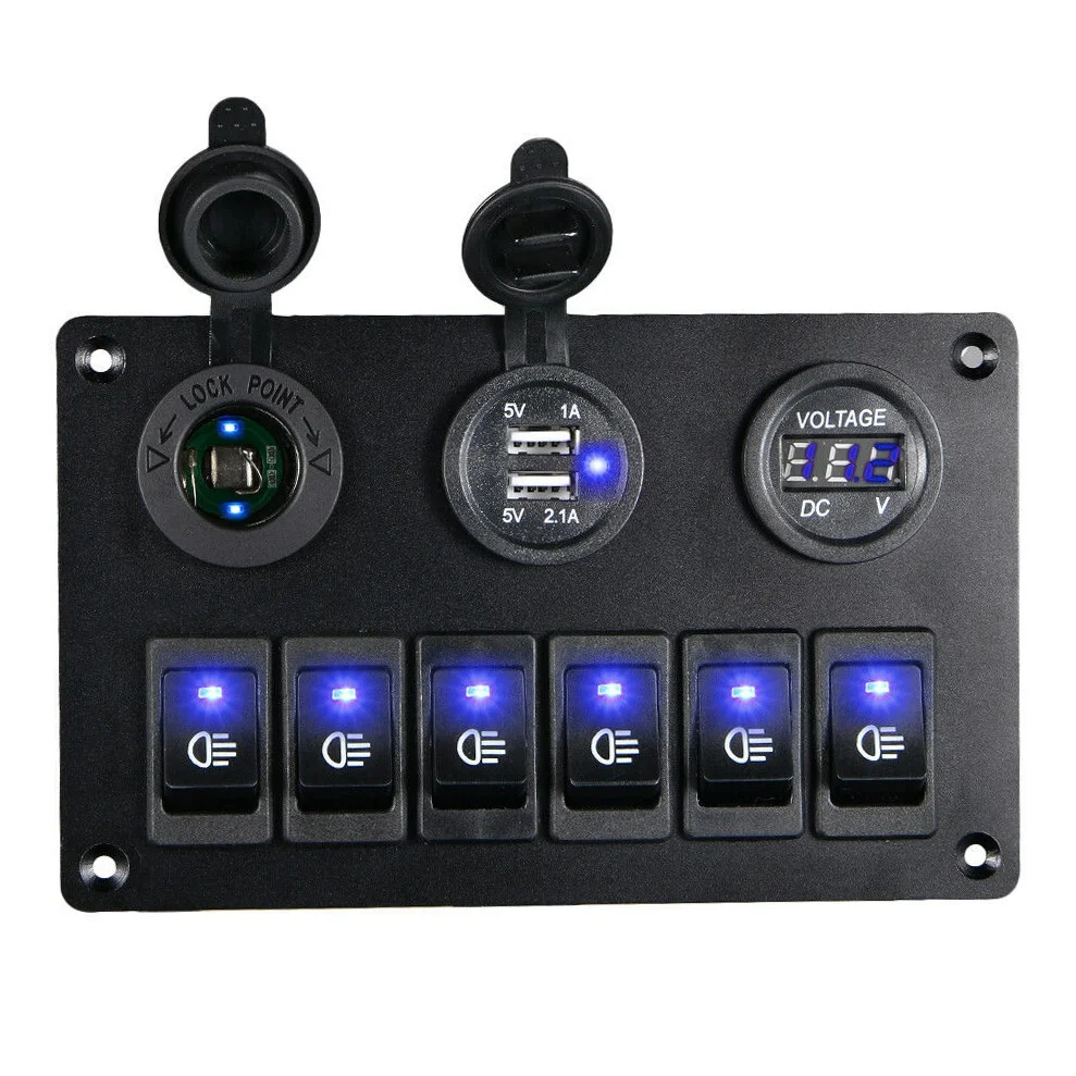 

Панель переключателя, 6 клавиш, 12-24 В, стандартный цифровой вольтметр, двойное зарядное устройство USB, розетка для RV, грузовика, лодки, внедорожника