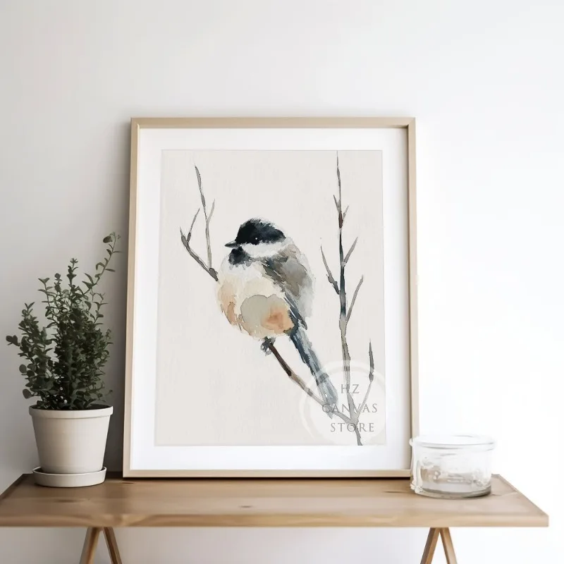 Bird Chickadee Robin акварельный постер и принт птица на ветке холст картина