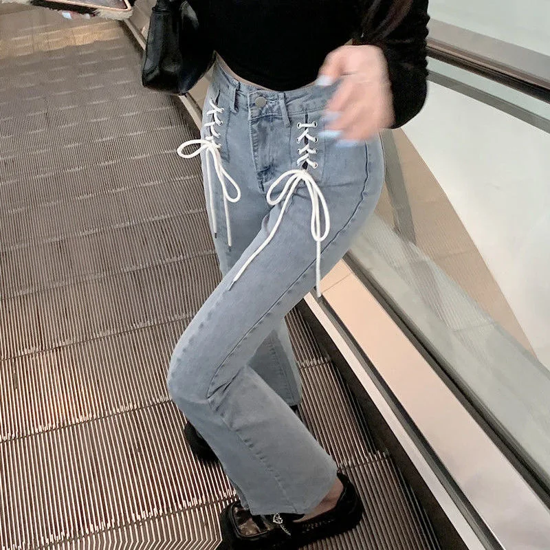 CGC Vintage Lace High Waist Women Flared Jeans Casual Wide Leg Denim Pants Korean Fashion Straight Streetwear Jeans Trousers