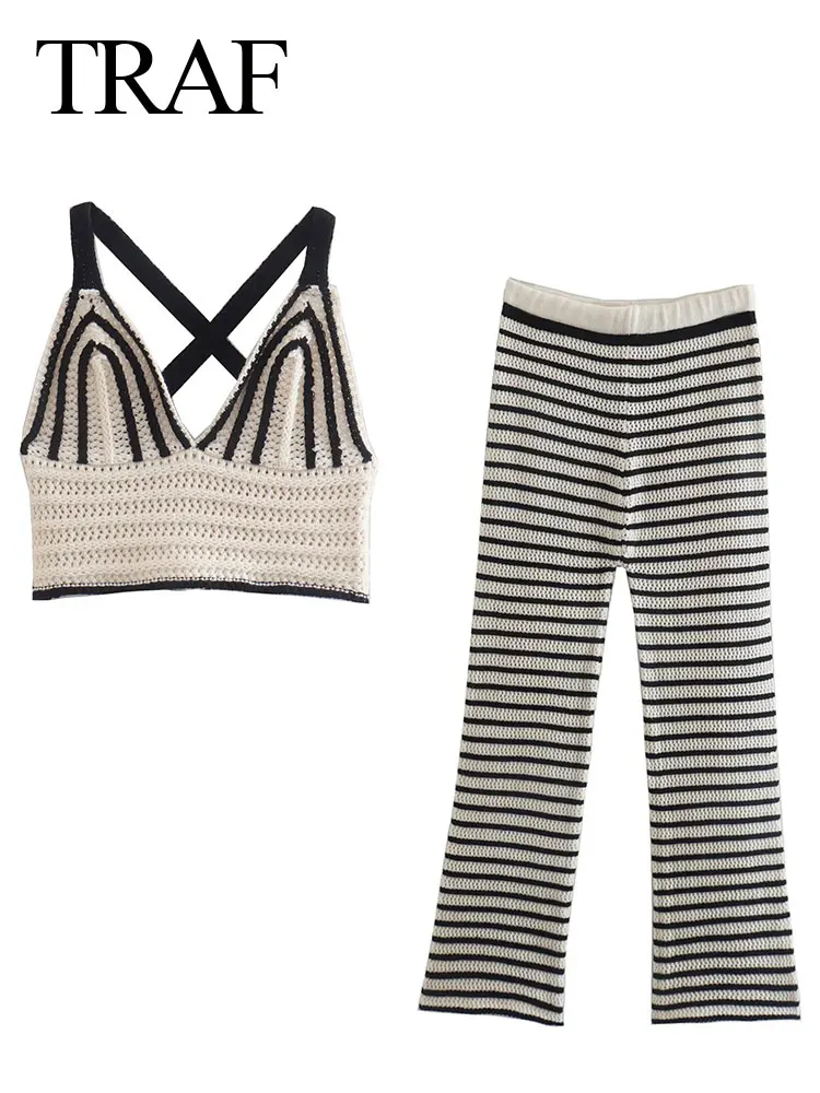 

Модный женский топ-Бюстгальтер и брюки TRAF, пикантные облегающие + Полосатые ажурные Брюки, Женская Повседневная Уличная одежда