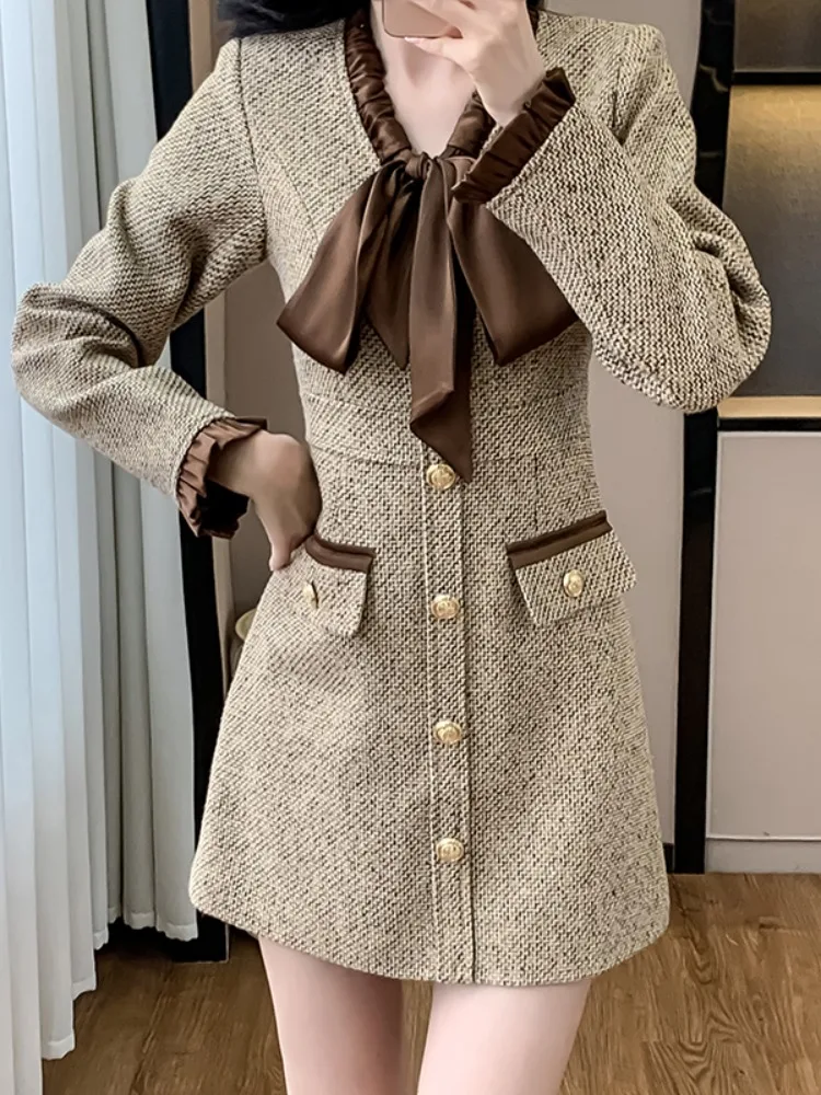 Graceful Waist Hugging Retro Short dress Autumn and Winter New High-Grade Slimming Temperament French sle Slim fit Ribbon d...