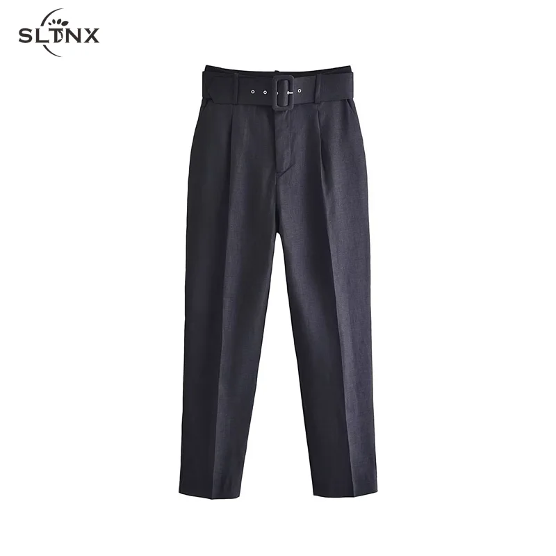 

SLTNX TRAF Fashion Woman Pants Black High Waist Pants for Women Female Chic with Belt Casual Pencil Pant Ladies Trousers