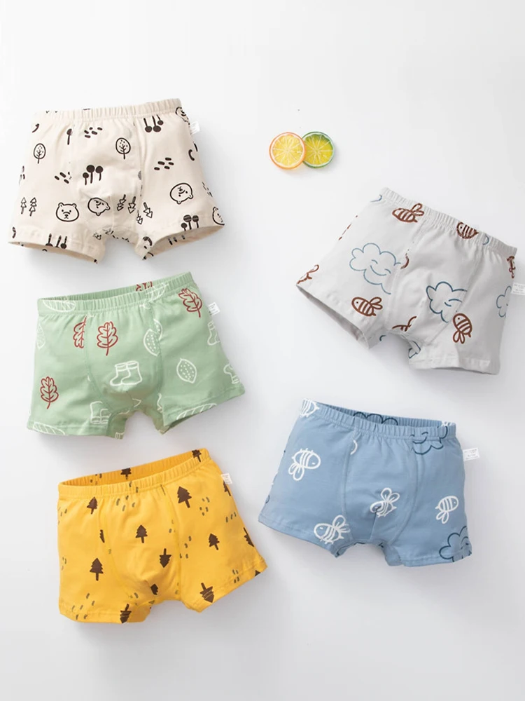 LJMOFA 5pcs Boy Boxer Set Cute Printed Kids Pants Cotton Breathable Flat Underwear B121
