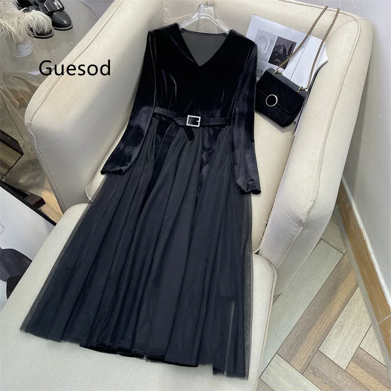 

Женское бархатное платье высшего качества, женское осенне-зимнее Плиссированное бархатное платье средней длины с сеткой в стиле пэчворк, новинка 2022