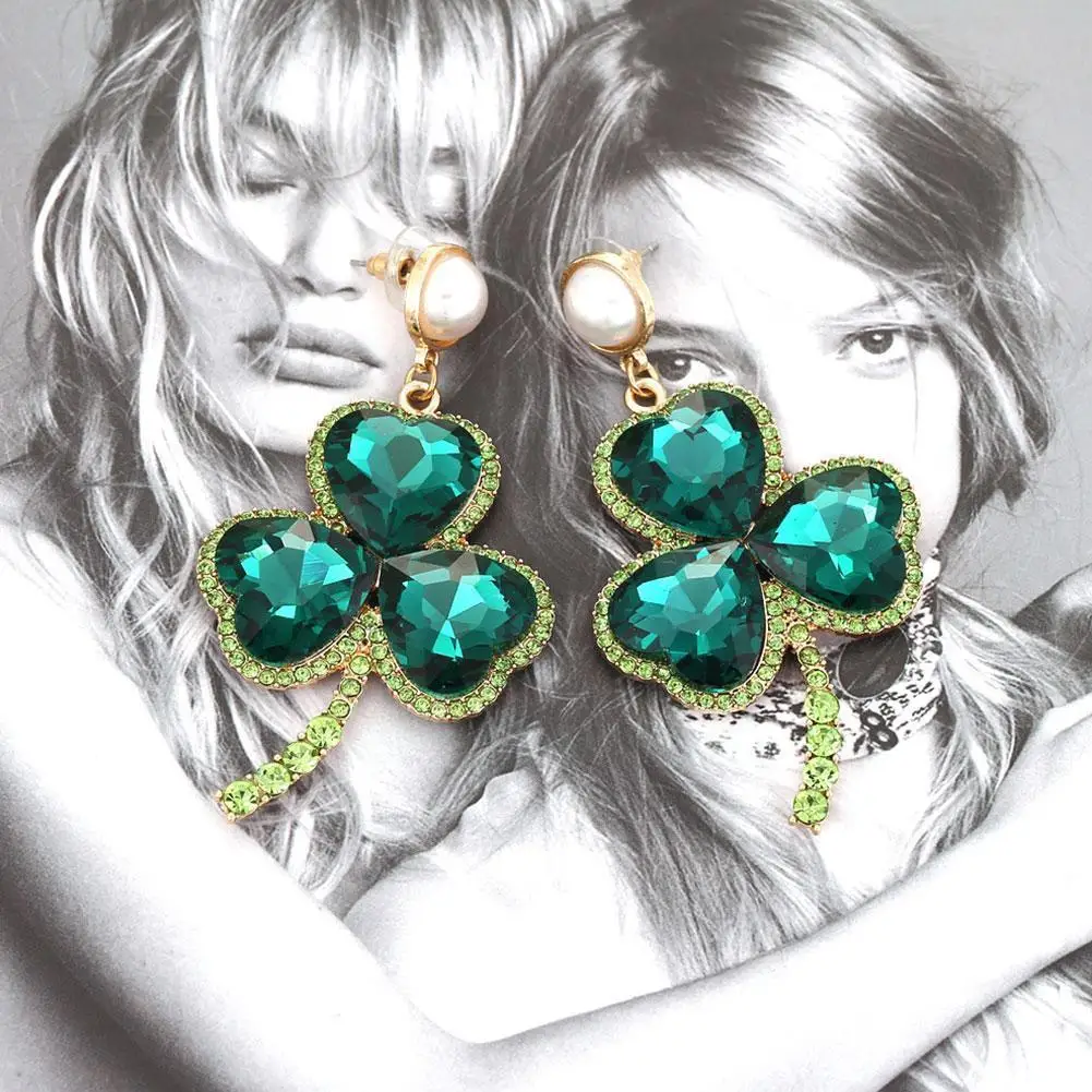 

Emerald Shamrock Earrings Irish Jewelry Clover Dangling Ear Accessories For Women St. Patricks Day Earrings With Crystal E5Y5