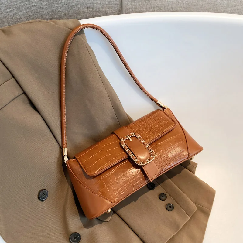 

Crocodile print Leather Shoulder Side Bags for Women Underarm Baguette Bag 2023 Vintage Design Female Handbags Small Hand Bag