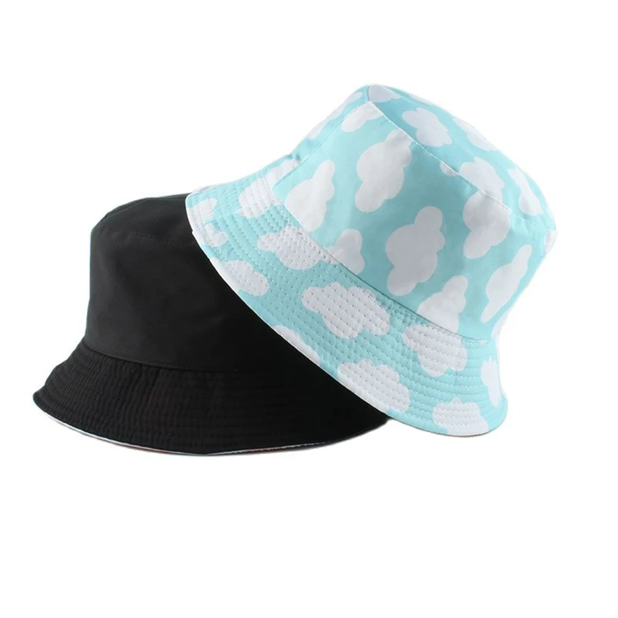 

Summer Sun Hat Reversible Cloud Print Bucket Hats For Women Men Bob Panama Girls Beach Travel Outdoor Fisherman Hat