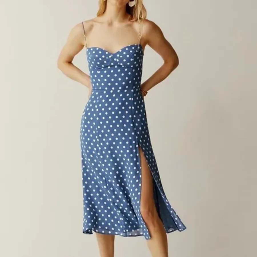 

Jenny&Dave Forking Elegant Party Midi Dress Women France Style Indie Folk Blue Polka Dot Print Sexy Summer Suspender Dress