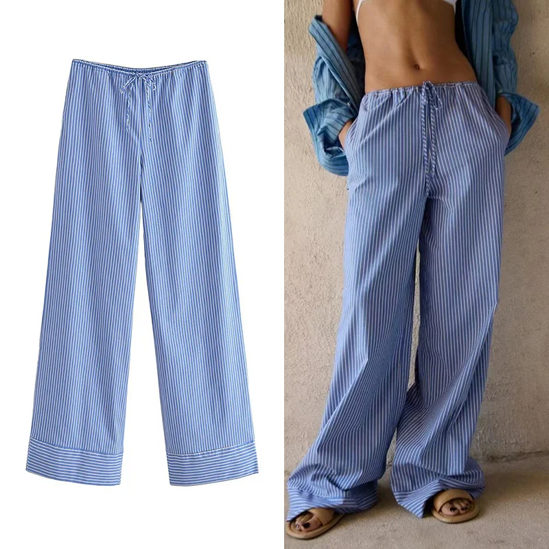 

Брюки женские с широкими штанинами, модные повседневные свободные прямые штаны с поясом на резинке, в полоску, Шикарные Длинные брюки синего цвета, на лето
