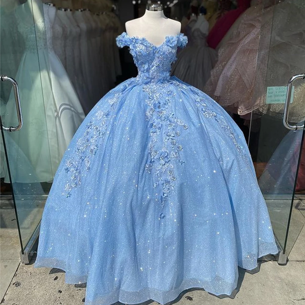 

Sparkle Sky Blue Quinceanera Dresses Mexican V-Neck Applique A-Line Puffy Ball Gowns Lace Up Sleeveless Vestidos De XV Anos