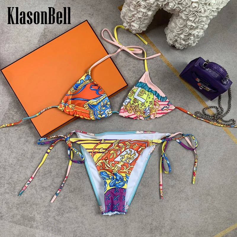 

5,25 KlasonBell комплект бикини с принтом летний купальник сексуальная одежда для плавания галстук регулируемый пуш-ап для женщин