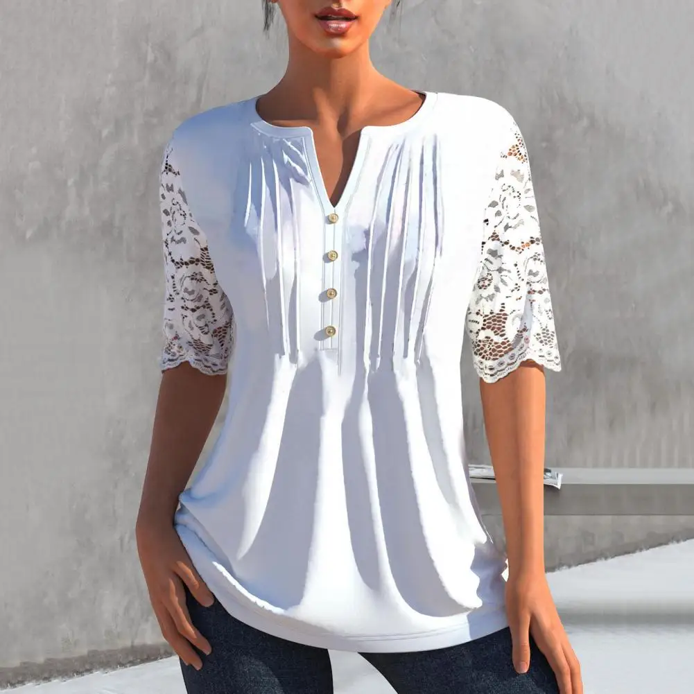 

V-neck Pleated Buttons Decor Crochet Lace Stitching Short Sleeve Women T-shirt Summer Floral Print Casual Tee Tops tshirt