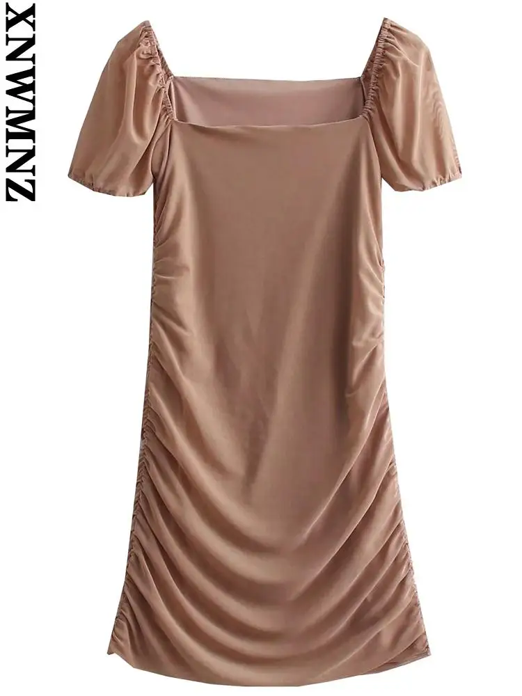 Vestido de Verão Moda com Malha Sexy sem Costas Xnwmnz Feminino Plissada Mini Vestido Gola Quadrada Vestidos Femininos Mujer 2022 za