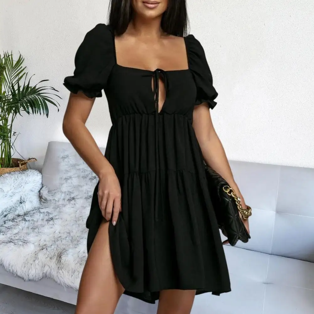 

Women Dress Solid Color Ruffles Summer Hollow Petal Sleeves Mini Dress Streetwear