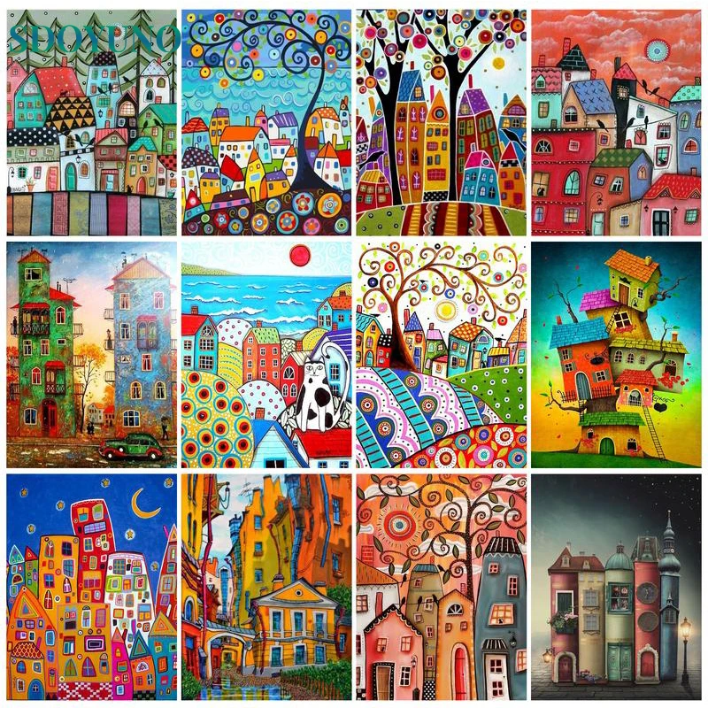 

SDOYUNO Diy Pictures By Number Color Houses Drawing On Canvas HandPainted Paintings Gift Kits Oil Painting By Numbers Home Decor