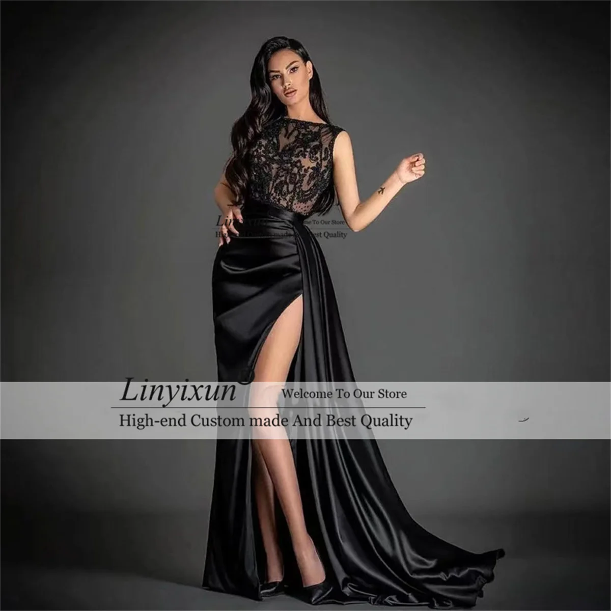 

Elegant Black Mermaid Prom Dresses Illusion Appliques Lace Formal Evening Party Gown Sexy High Split Court Train Robe De Soiree