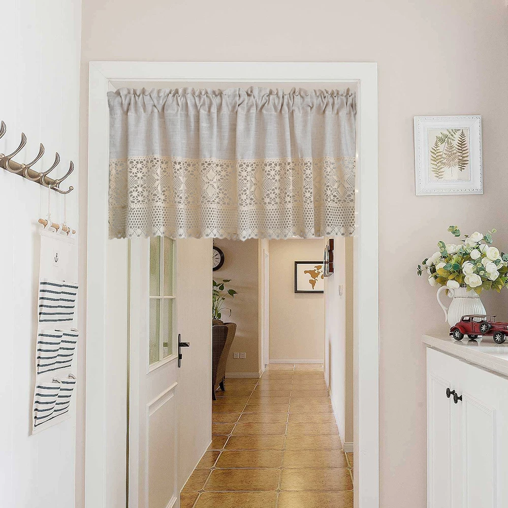 Хлопково-льняная вязаная крючком цветочная полая короткая занавеска для кухни