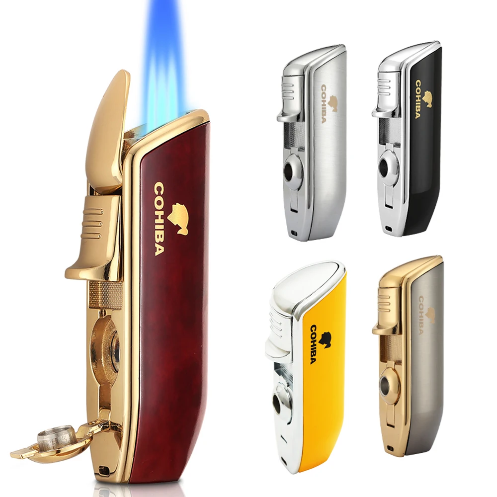 Metal 3 Jet Butane Gas Torch Smoking Lighter W/ Cigar Punch 