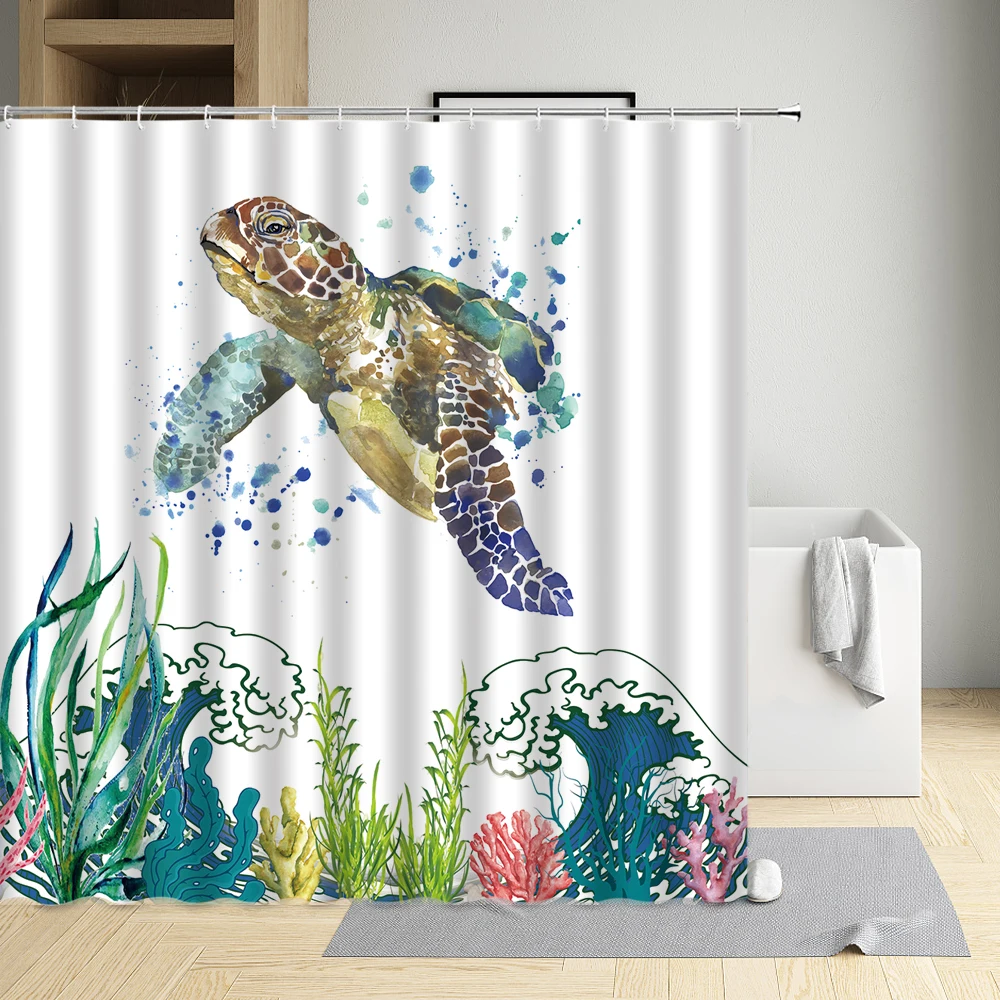 Sea Turtle Shower Curtain Watercolor Ocean Animal Coral Underwater World Decor Fabric Bathroom Curtains Polyester With Hooks