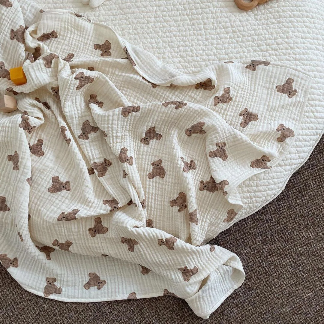 INS Cotton Gauze Baby Blankets Bear Print Muslin Swaddle Wrap Newborn Infant Girls Boys Bedding Sleeping Bath Towel