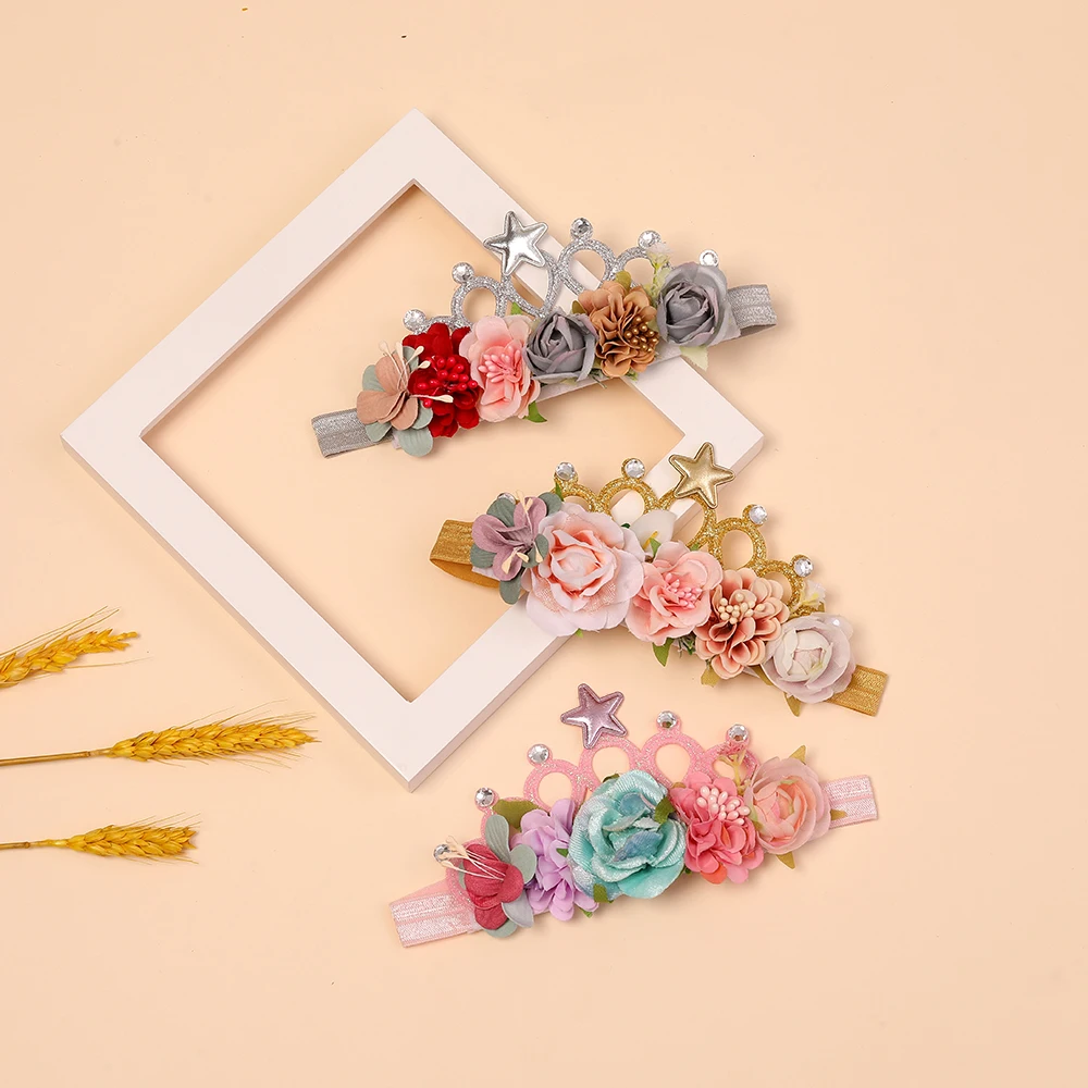 

2022 New Flower Crown Headband Baby Girl Elastic Hair Bands Newborn Birthday Hairband Child Princess Turban Diamond Star Tiara