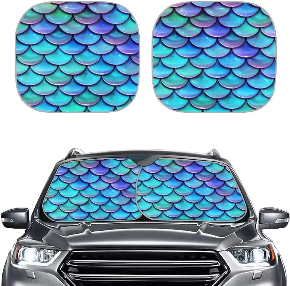 

HUGS IDEA Car Sun Shade Windshield Sunshade Mermaid Scales Print Universal Fit 2 Piece Blocks Sun Glare, UV and Heat Protectors