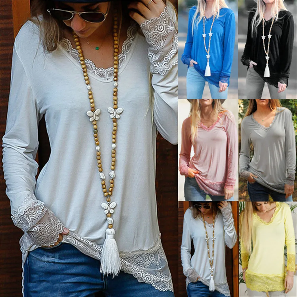 

Autumn 2022 Women's Lace Stitching Solid Color V-neck long sleeve loose casual top