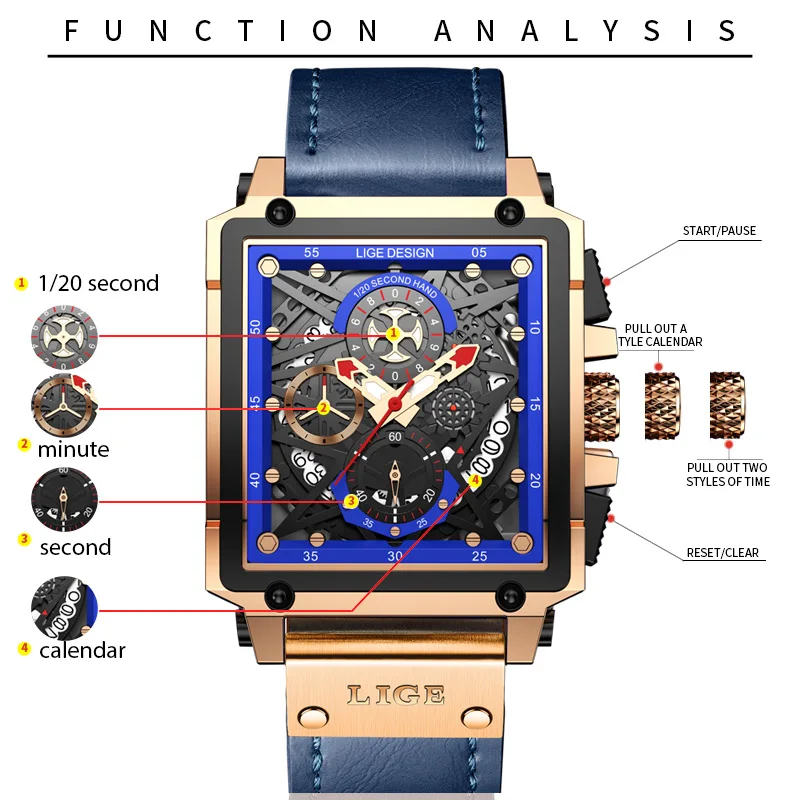 2023 New LIGE Men Watches Top Brand Luxury Hollow Square Sport Watch For Men Fashion Leather Strap Waterproof Quartz WristWatch