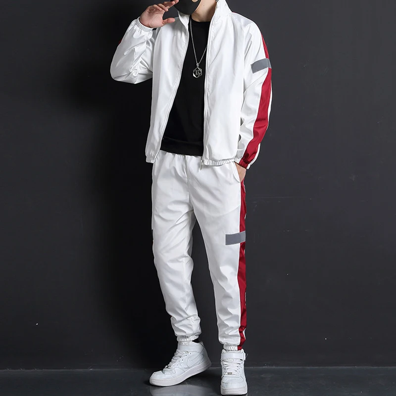 2023 Men Fashion Tracksuit Spring Autumn Reflective Sweatshirt +Sweatpants Tracksuit Set Men New Patchwork Slim Fit Sweat Suits