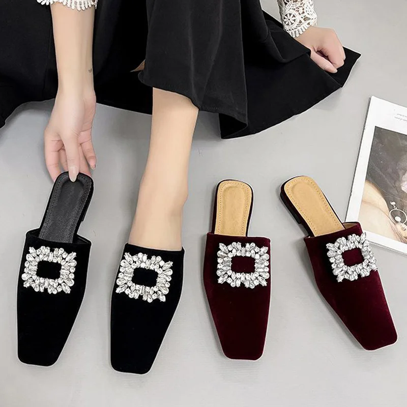 

Ladies Summer Shoes Fashion New Women Mules Flock Crystal Square Toe Female Flat Slippers Solid Elegant Mature Woman's Loafer