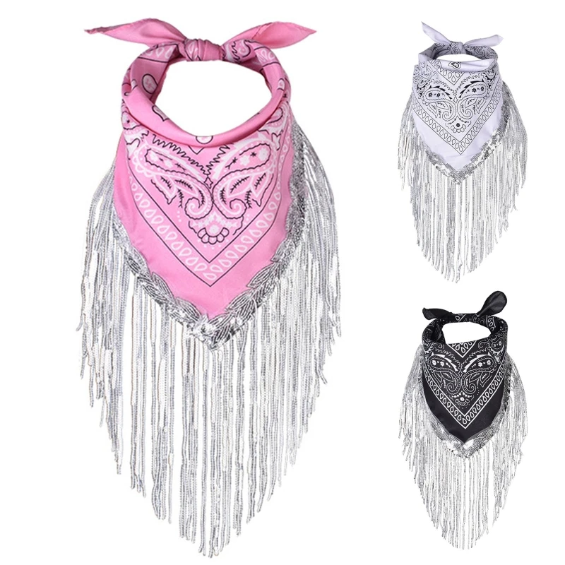 

E9LC Cowgirl Bandanas Sequin Neckerchief Bandanas Women Bachelorette Bandanas Fashion Cowgirl Bachelorette Fringe Bandanas