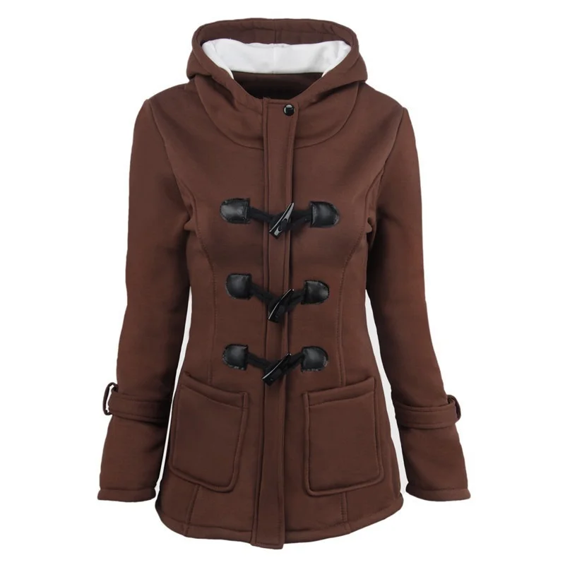 Autumn Winter Thick Hooded Jacket Parkas Women Single Breasted Horn Button Warm Coats Solid Color Pocket Casual Commute Outwears