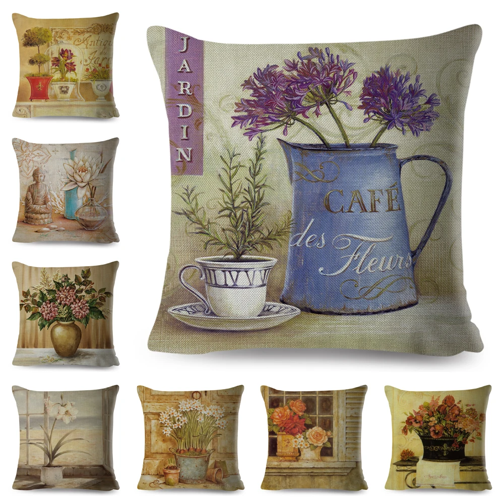 Retro Flowers Bonsai Cushion Cover for Sofa Home Car Decor Hand Painted Plant Floral Pillow Case Polyester Throw Pillowcase