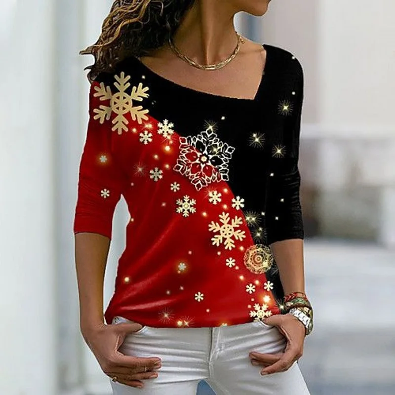 

Vintage Christmas Snowflake Print T-shirt For Women Casual Long Sleeve Skew Collar Pullovers 2022 Autumn Fashion Ladies Tee Tops